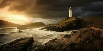 Majestic Lighthouse at Sunrise A Generative AI Masterpiece photo