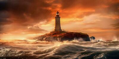 Majestic Lighthouse at Sunrise A Generative AI Masterpiece photo