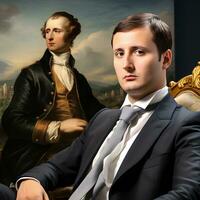 A striking portrait of Napoleon Bonaparte transformed into a modern corporate executive, created using generative AI. photo