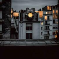 A rooftop in Paris resembling a vintage camera. Generative ai. photo