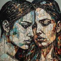 Contemporary Modern Art Mosaic Portrait of Two Young Women. Generative ai. photo