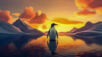 Digital Painting of Penguin in Water, Melting Iceberg at Sunset photo