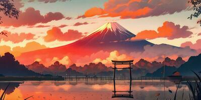 Majestic Mount Fuji at Sunset, digital art painting created using generative AI. photo