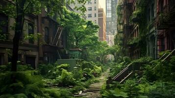 Manhattan Jungle Post-Apocalyptic Urban Overgrowth. Generative AI. photo