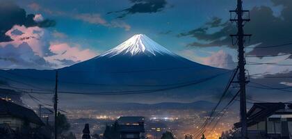 Majestic Mount Fuji at Sunset, digital art painting created using generative AI. photo