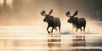 Majestic Canadian Winter Mooses on Frozen Lake. Generative AI. photo