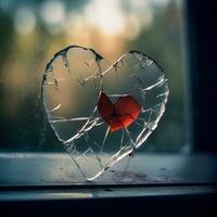 Broken Glass Heart with Red Petal Inside - Symbol of Seeking and Suffering Love. Generative AI. photo