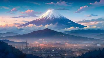 Majestic Mount Fuji at Sunset, digital art painting created using generative AI. photo