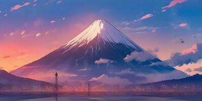 Majestic Mount Fuji at Sunset, digital art painting created using generative AI. photo