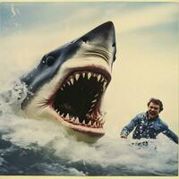 Shark Attack Captured in Polaroid Artistry. Generative AI. photo