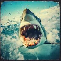 Shark Attack Captured in Polaroid Artistry. Generative AI. photo