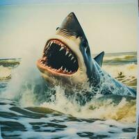 Shark Attack Captured in Polaroid Artistry. Generative AI. photo