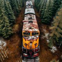 aéreo ver de oxidado tren en salvaje bosque. generativo ai. foto