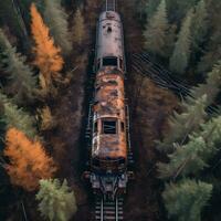 aéreo ver de oxidado tren en salvaje bosque. generativo ai. foto