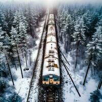aéreo ver de tren en Nevado invierno bosque. generativo ai. foto