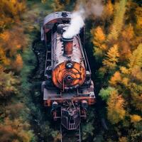 Aerial View of Rusty Train in Untamed Forest. Generative ai. photo