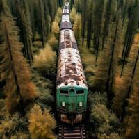 aéreo ver de oxidado tren en salvaje bosque. generativo ai. foto