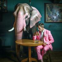 Unconventional Encounter Drunk Man Sharing a Drink with a Pink Elephant in a Bar - Generative AI Art photo