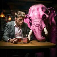 poco convencional encuentro borracho hombre compartiendo un bebida con un rosado elefante en un bar - generativo ai Arte foto