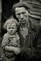 Vintage BW Photo Poor Man and Child in Great Depression. Generative AI.