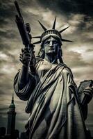 Statue of Liberty with Submachine Gun Symbolizing America's Complex Relationship with Firearms and Freedom. Generative AI. photo