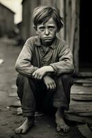 Vintage BW Photo Poor Boy Amidst the Great Depression. Generative AI.