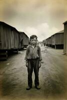 Vintage BW Photo Poor Boy Amidst the Great Depression. Generative AI.
