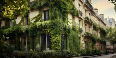 Post-Apocalyptic City Buildings Overgrown with Vegetation. Generative AI. photo