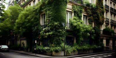 Post-Apocalyptic City Buildings Overgrown with Vegetation. Generative AI. photo