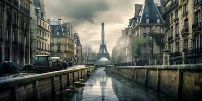 Dramatic Post-Apocalyptic Paris of the Future. Generative AI. photo