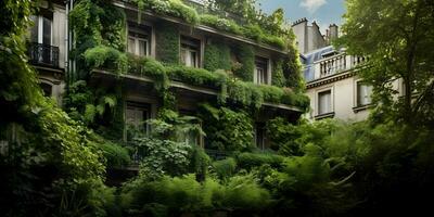 Post-Apocalyptic City Buildings Overgrown with Vegetation. Generative AI. photo