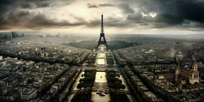 Dramatic Panoramic View of Paris with Eiffel Tower on Cloudy Day - Generative AI photo