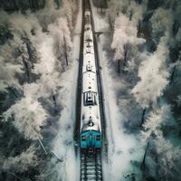 Aerial View of an Old Train in a Frozen Winter Forest. Generative AI. photo