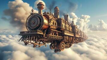 fantasía volador crucero Embarcacion tren en el cielo. generativo ai. foto