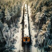 Aerial View of an Old Train in a Frozen Winter Forest. Generative AI. photo