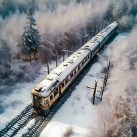 aéreo ver de un antiguo tren en un congelado invierno bosque. generativo ai. foto