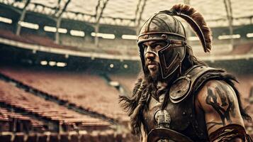 moderno vikingo gladiador a un americano fútbol americano estadio. generativo ai. foto