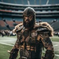 moderno vikingo gladiador a un americano fútbol americano estadio. generativo ai. foto