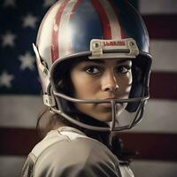 dinámica retrato de un hermosa americano hembra fútbol americano jugador con casco. generativo ai. foto