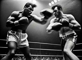 histórico negro y blanco de peso pesado boxeo fósforo, generado por ai poder puñetazo foto