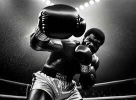 dramático negro y blanco foto de afroamericano Boxer aterrizaje un poderoso puñetazo - generado por ai