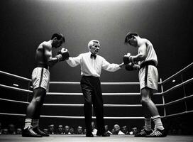 Fight Commencement Referee in the Middle Giving Instructions - Black and White AI-Generated Boxing Photo