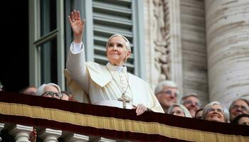 Historic Moment Female Pope Elected on Vatican Balcony. Generative AI. photo