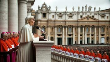 Historic Moment Female Pope Elected on Vatican Balcony. Generative ai. photo