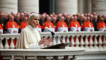 Historic Moment Female Pope Elected on Vatican Balcony. Generative ai. photo