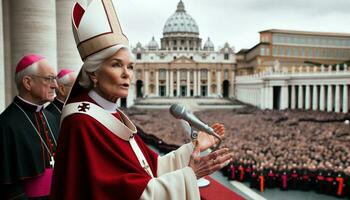 Historic Moment Female Pope Elected on Vatican Balcony. Generative AI. photo