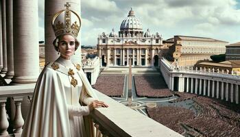 Historic Moment Female Pope Elected on Vatican Balcony. Generative ai. photo