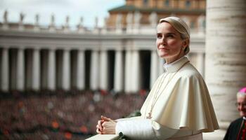 histórico momento hembra papa elegido en Vaticano balcón. generativo ai. foto