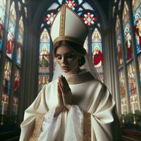 Portrait of a Beautiful Young Woman as the New Pope. Generative AI. photo