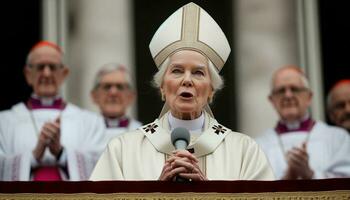 Historic Moment Female Pope Elected on Vatican Balcony. Generative ai. photo